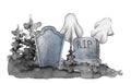 Watercolor Halloween. Hand painted graveyard with tombstone, bats and moon isolated on white . Holiday print for design Royalty Free Stock Photo