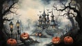 Watercolor Halloween horror environment spooky Halloween banner Royalty Free Stock Photo