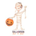 Watercolor Halloween illustration with cute boy dressed in Mummy. a child with a candy basket in the form of a Jack-o`-lantern.