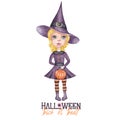 Watercolor Halloween illustration with cute girl disguised as a witch.  a girl in witch`s hat with a candy basket in the form of Royalty Free Stock Photo