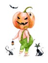 Watercolor halloween illustration: piggy pumpkin and cat. Sketch