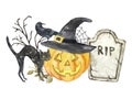 Watercolor Halloween illustration of a pumpkin in a hat, a black cat and a raven Royalty Free Stock Photo