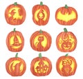 Watercolor Halloween illustration of Pumpkins Faces, Jack O Lanterns