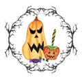 Watercolor Halloween illustration, thorny wreath, pumpkin, apple caramel and sweets inside frame.