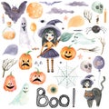 Watercolor Halloween illustrations. Kids cartoon characters clipart. Witch girl, horror, ghost, halloween pumpkin, bat