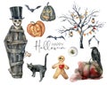 Watercolor halloween labels set. Hand painted holiday set with cat, pumpkin, coffin, bat, tree, skull, crow and eye Royalty Free Stock Photo