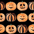 Watercolor halloween orange pumpkins faces seamless pattern on black background Royalty Free Stock Photo