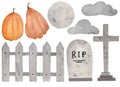 Watercolor halloween outdoor collection, fence, pumpkins, gravestones, moon, clouds are isolated on white background. Royalty Free Stock Photo