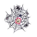 Watercolor Halloween Painting Of Black Web, Spiders, Bottle Of Poison. Hand Painted Graphic