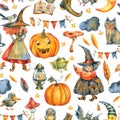 Watercolor Halloween party seamless pattern on white background. Royalty Free Stock Photo