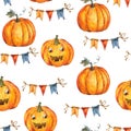 Watercolor Halloween party seamless pattern on white background Royalty Free Stock Photo