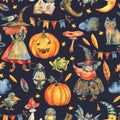 Watercolor Halloween party seamless pattern on white background. Royalty Free Stock Photo