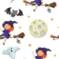 Watercolor Halloween pattern with witch, moon, bat and Ghost Royalty Free Stock Photo