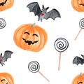 Watercolor halloween pumpkin and bats seamless pattern on white background Royalty Free Stock Photo