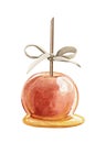 Watercolor halloween red ripe apple drowned in caramel on a stick