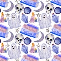 Watercolor halloween pattern, ghost, books, skull, candle, potion on white background. For various products, wrapping