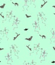 Watercolor halloween seamless pattern. Funny skeleton dancing with cats and bats. Royalty Free Stock Photo