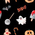 Watercolor halloween seamless pattern with ghost and bats and candies on black background Royalty Free Stock Photo