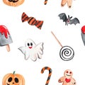 Watercolor halloween seamless pattern with ghost and bats and candies on white background Royalty Free Stock Photo