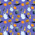 Watercolor Halloween seamless pattern. Hand painted autumn holiday symbols on purple background. Pumpkin, witch hat, spider, ghost Royalty Free Stock Photo