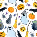 Watercolor Halloween seamless pattern. Hand painted autumn holiday symbols on white background. Pumpkin, witch hat, spider, ghost