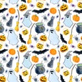 Watercolor Halloween seamless pattern. Hand painted autumn holiday symbols on white background. Pumpkin, witch hat Royalty Free Stock Photo