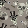 Watercolor Halloween seamless pattern with hand painted skul in top hat, zombie hand, bats. Creepy holiday print