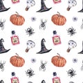 Halloween digital paper. Watercolor seamless pattern with pumpkin, witch hat, spiders, eye ball on white background Royalty Free Stock Photo