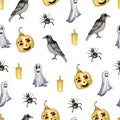 Watercolor Halloween seamless pattern. Illustration party on white backgrounds for postcard, greeting card, invintaion, b