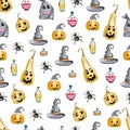 Watercolor Halloween seamless pattern. Illustration party on white backgrounds for postcard, invintaion, banner, paper