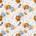 Watercolor Halloween seamless pattern with illustration of pumpkin, poison in a flask, branch, autumn leaves, berries