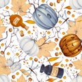 Watercolor Halloween seamless pattern with illustration of pumpkin, poison in a flask, branch, autumn leaves, berries