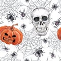 Watercolor Halloween Seamless Pattern With Orange Jack O Lantern Pumpkin, Scary Skull In Web, Spiders On White Background
