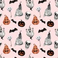 Watercolor Halloween seamless pattern with scary Jack O lantern pumpkin, spooky ghost, flying bat, skull on pink background. Royalty Free Stock Photo