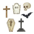 Watercolor halloween set of coffin, tombstone, skull and cross