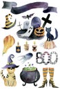 Watercolor Halloween Set. Cute illustrations for Halloween. Royalty Free Stock Photo