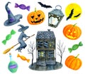 Watercolor Halloween set. Hand painted pumpkins with faces, witch, old house with boarded windows, full moon, bat Royalty Free Stock Photo