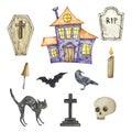 Watercolor halloween set of haunted house, cat, crow and tombstone