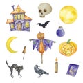 Watercolor halloween set of scarecrow, haunted house, moon and other elements Royalty Free Stock Photo