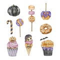 Watercolor Halloween set of spooky cupcakes and candies Royalty Free Stock Photo
