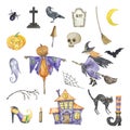 Watercolor halloween set of witch, scarecrow, haunted house and other elements Royalty Free Stock Photo