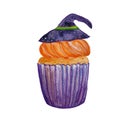 Watercolor halloween theme cupcake with orange icing and decorative witch hat Royalty Free Stock Photo