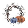 Watercolor Halloween wreath with creepy Jack O lantern pumpkins and dead tree branches, isolated