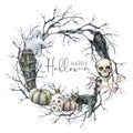 Watercolor halloween wreath with crow, ghost and pumpkin. Hand painted holiday template card with branch, cat and coffin