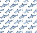 Watercolor hammerhead shark background. Hand painted watercolor pattern with stylized blue hammerhead