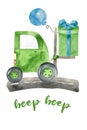 Watercolor cute birthday green forklift with gift box and balloons. Hand draw illustration of cartoon green car with big wheels.