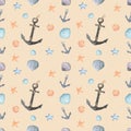 Watercolor Hand Drawing Seamless Pattern with Anchors and Seashells on a beige background. Royalty Free Stock Photo