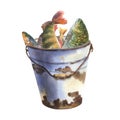 Watercolor hand drawing illustration iron rustic bucket with fish. Fishing element, isolated on a white background