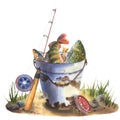 Watercolor hand drawing illustration iron rustic bucket with fish, fishing rod, reel, located on the sand with pebbles