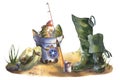 Watercolor hand drawing illustration iron rustic bucket with fish, fishing rod, reel, wading rubber boots, tin can with